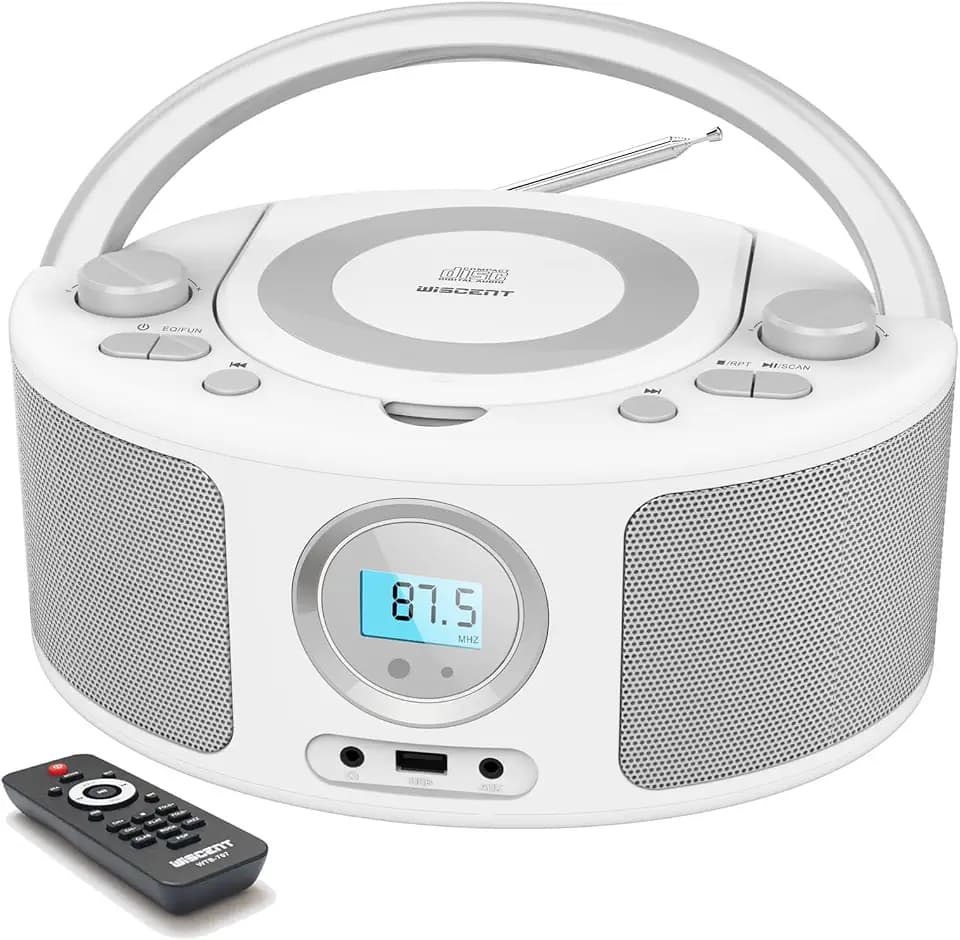 Tragbar CD Radio Boombox mit Bluetooth (CD-Player, Fernsteuerung, Bluetooth, UKW Radio, USB, AUX-In, 2 x 2 Watt RMS),Radio mit CD Player Stereoanlage,Grau