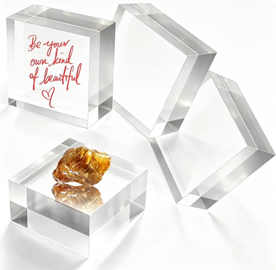 SAMYUCHO 4 Pcs 4 X 4 X 2 Inch Acrylic Blocks, Clear Square Acrylic Stand