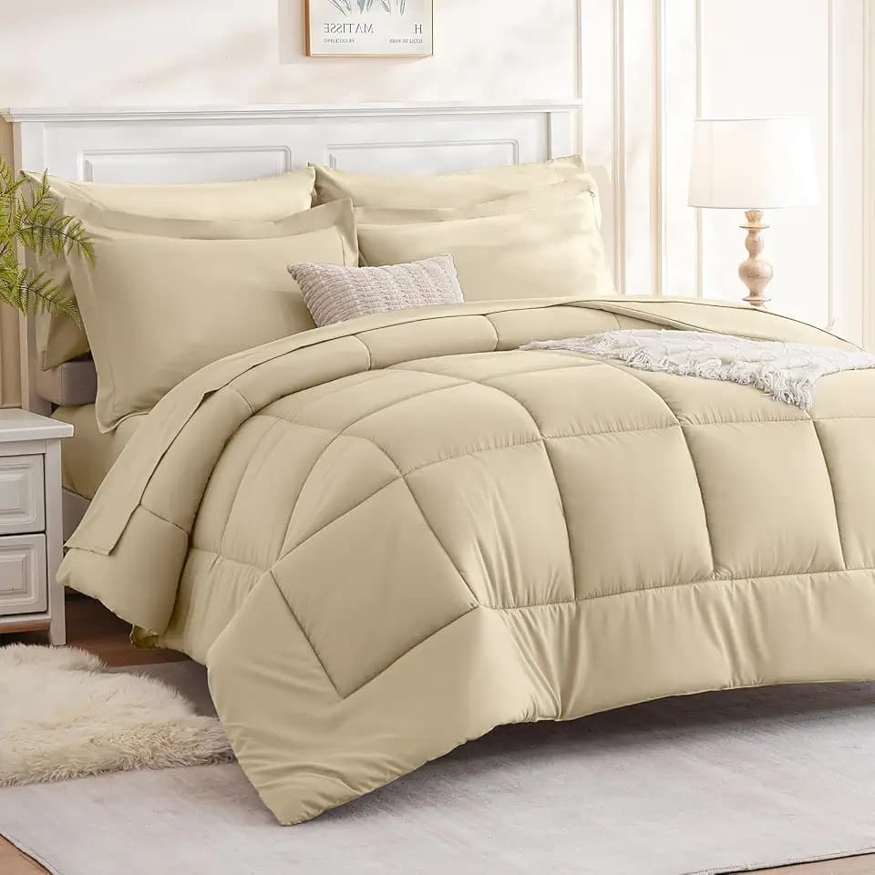 FreshCulture Queen Comforter Set - 7 Pieces All Season Luxury Bed in a Bag Queen Size - Bedding Set with Comforter, Sheets, Pillowcases & Shams - Ultra Soft Beige Comforter Set Queen