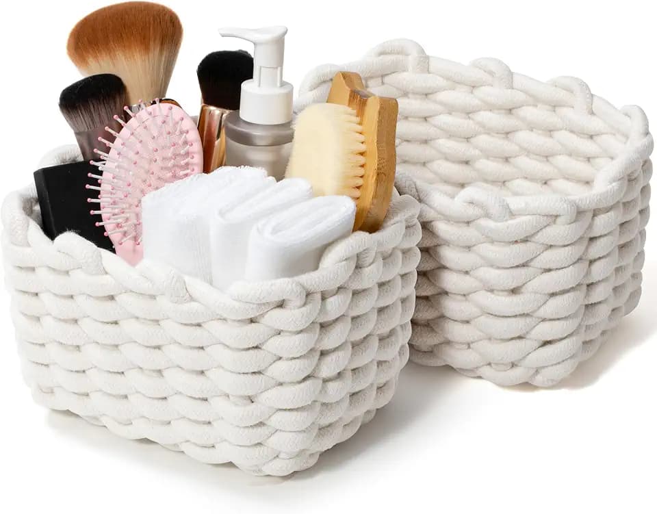 Small Cotton Rope Basket 2 Pack, White Shelf Storage Bins for Desk Vanity