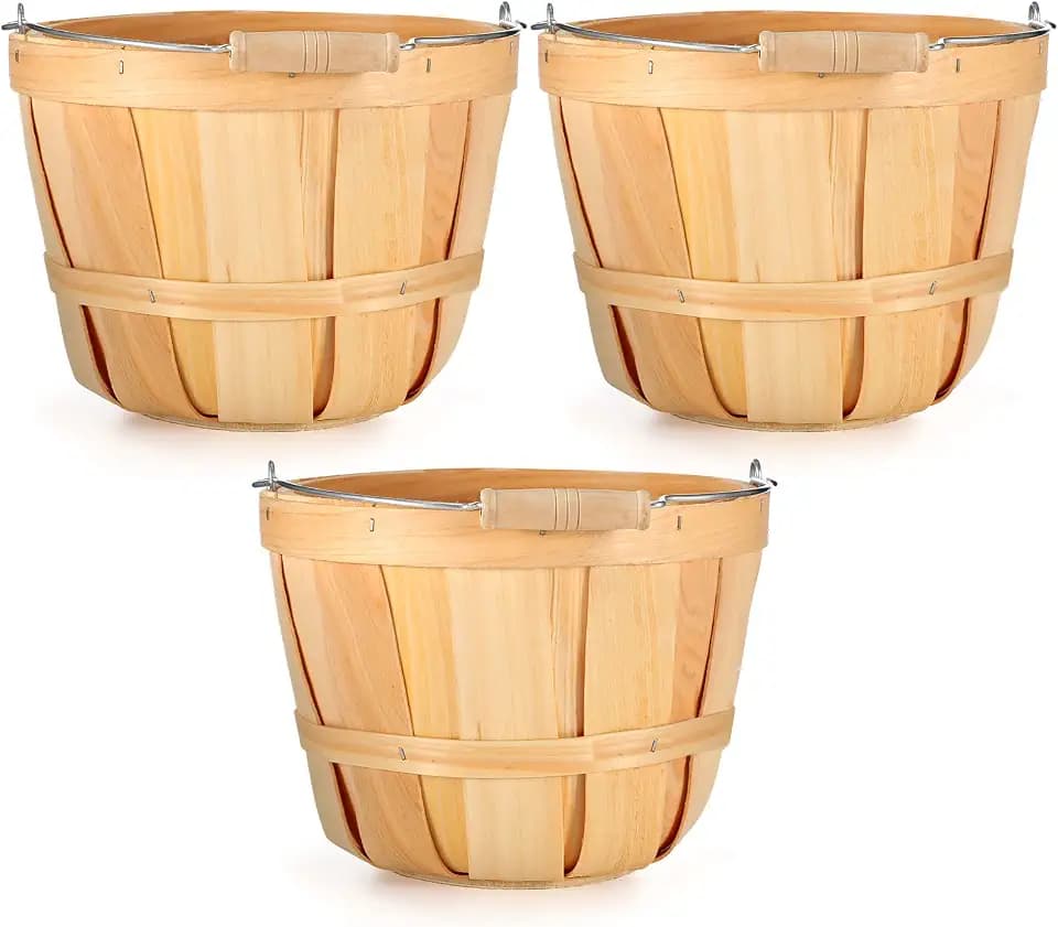 Eaasty 3 Pack Small Round Wooden Bushel Baskets 8 x 6.1 Inch 4 Quart Wood Fruit Buckets with Handles for Fall Autumn Farmhouse Garden Decor Farmers Market Harvest Vegetable Snack Gift Display
