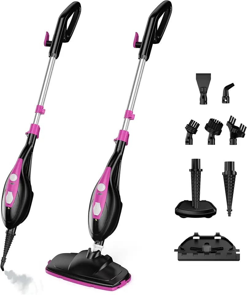 OLIXIS 10-in-1 Steam Mop, 1550W Detachable Handheld Steam Cleaner for Floor Cleaning, 16.4FT Cord, 2 Washable Pads, Multi-Purpose Floor Steamer for Hardwood, Carpet, Tile, Grout, Windows, Black Pink