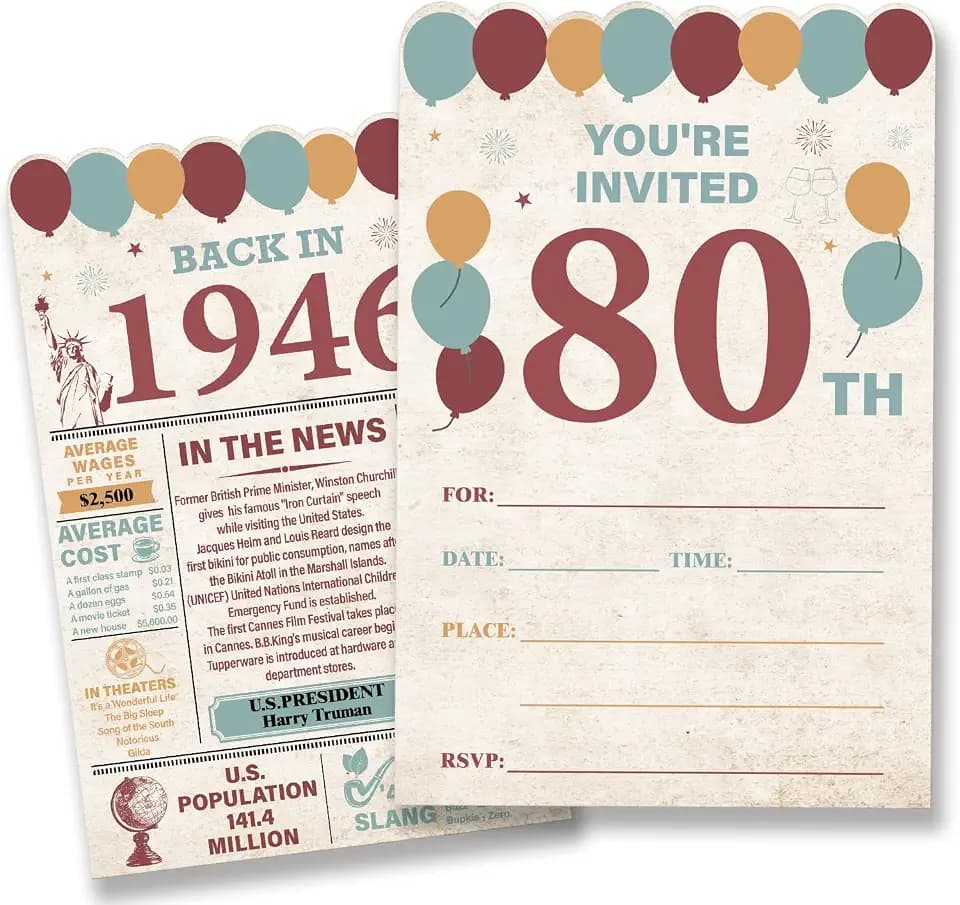 Nurawo Vintage 80th Birthday Party Invitations for Women Men, Back in 1946 Invites, 80 Year Old Birthday Invitations, 20 Fill-in-the-Blank Party Invites with Envelopes