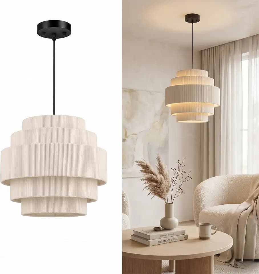 AUQUEE 5-Tier Corduroy Pendant Light for Kitchen Island, 13” Anti-Glare Boho Hanging Light Fixture, Adjustable Modern Ceiling Chandelier for Dining Room Bedroom Living Room Entryway Hallway, Beige