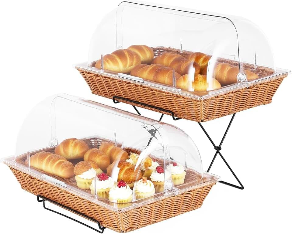2 Pack Bread Basket Serving Display Tray 20.5x13 In with Clear Roll Top Cover and Metal Display Stand for Snacks Cookies Bakery Pastry Display Rack