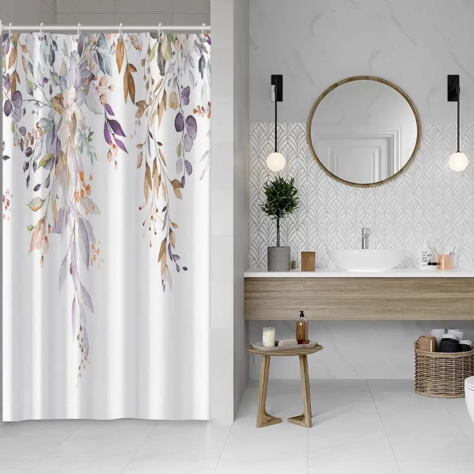 Purple Eucalyptus Shower Curtain, Spring Watercolor Plant Leaves with Floral Shower Curtain for Bathroom Waterproof Fabric Shower Curtain Set with Hooks, 48x72 Inch
