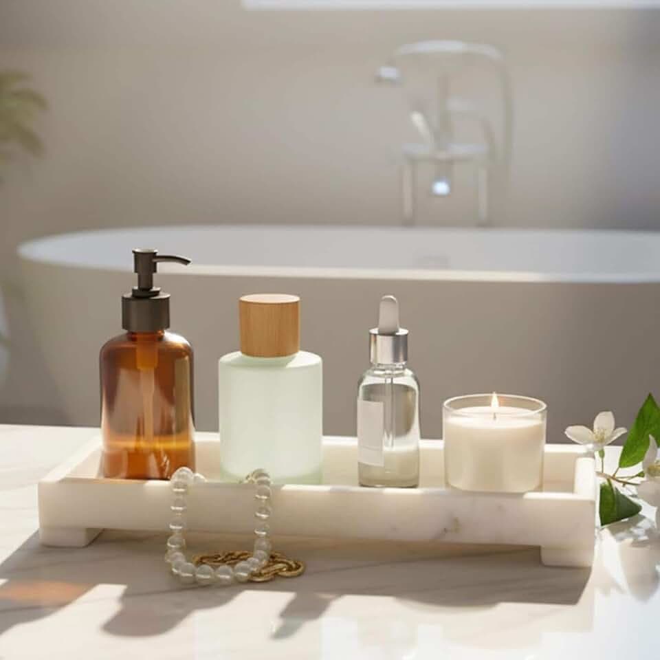 Banswara White Marble Vanity Tray - 11×4 Inch | Marble Tray for Bathroom, Perfume, Jewellery & Dressing | Trinket Tray, Bathroom Tray for Toiletries | Anti-Slip | Handmade in India