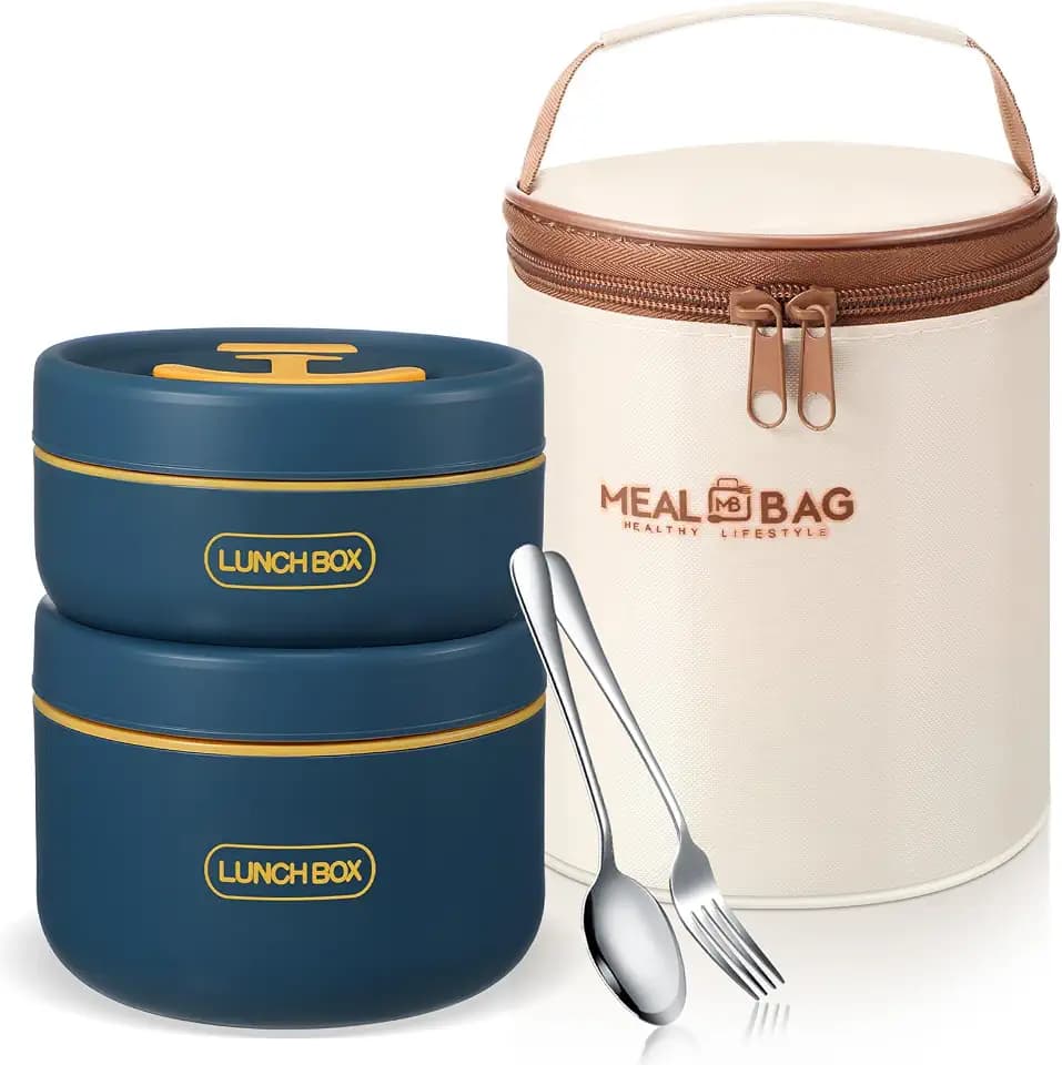 Dandat 2 Portable Insulated Lunch Containers Thermal Bento Box, Navy Blue