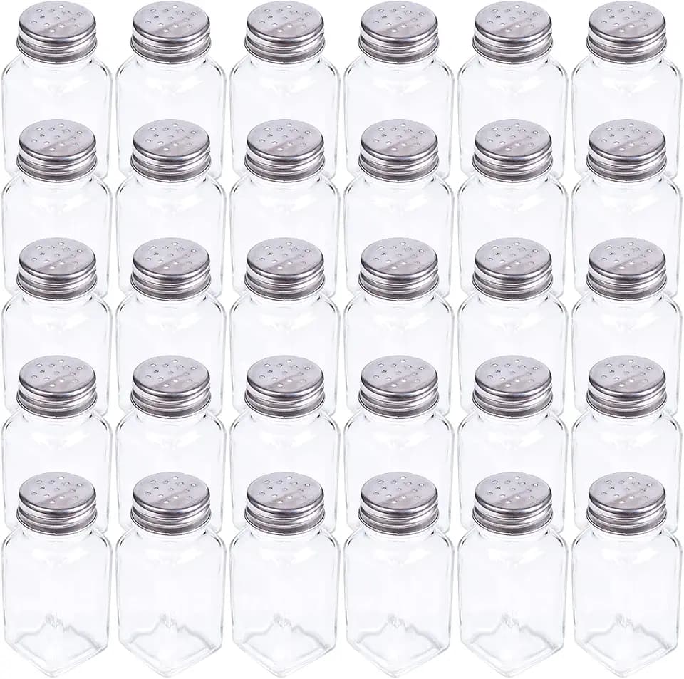 Tebery 30 Pack Glass Salt and Pepper Shaker Set with Stainless Steel Mushroom Top, 2.7oz Spice bottle for Kitchen, Restaurants and Catering, Classic Design