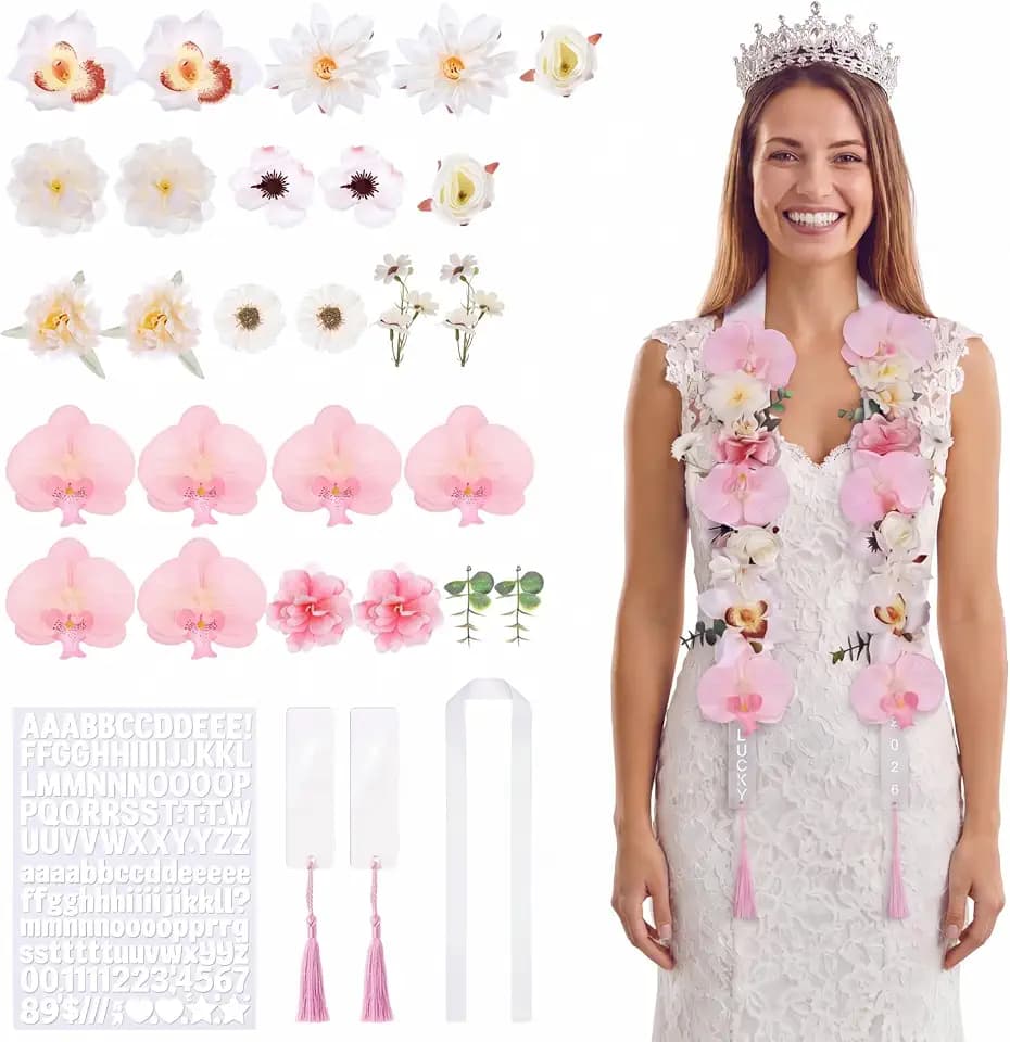Yinder 36 Pcs DIY Leis Set Flower Stole with Tassel Acrylic Card Letter Sticker Necklace for Wedding Craft Gift Birthday Party(Pink)