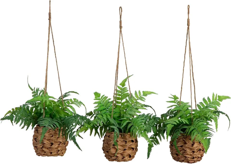 Nearly Natural 10-in Artificial Boston Ferns in Hanging Wicker Baskets, Set of 3 Fake Ferns for Indoor/Outdoor Use, Hanging Basket for Patio Decoration, UV Resistant