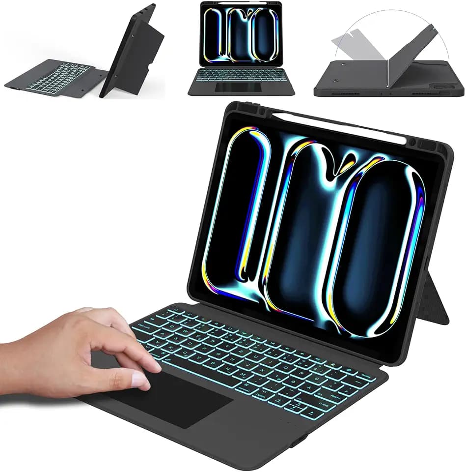 für iPad Pro 13 Zoll (M4) 2024 Hülle mit Abnehmbarer QWERTZ Tastatur : 7 Farbige Beleuchtung, Smart Touchpad, vertikaler Ständer, Auto Einschlafen/Aufwachen, Tastatur Hülle für 13" iPad Pro M4 2024