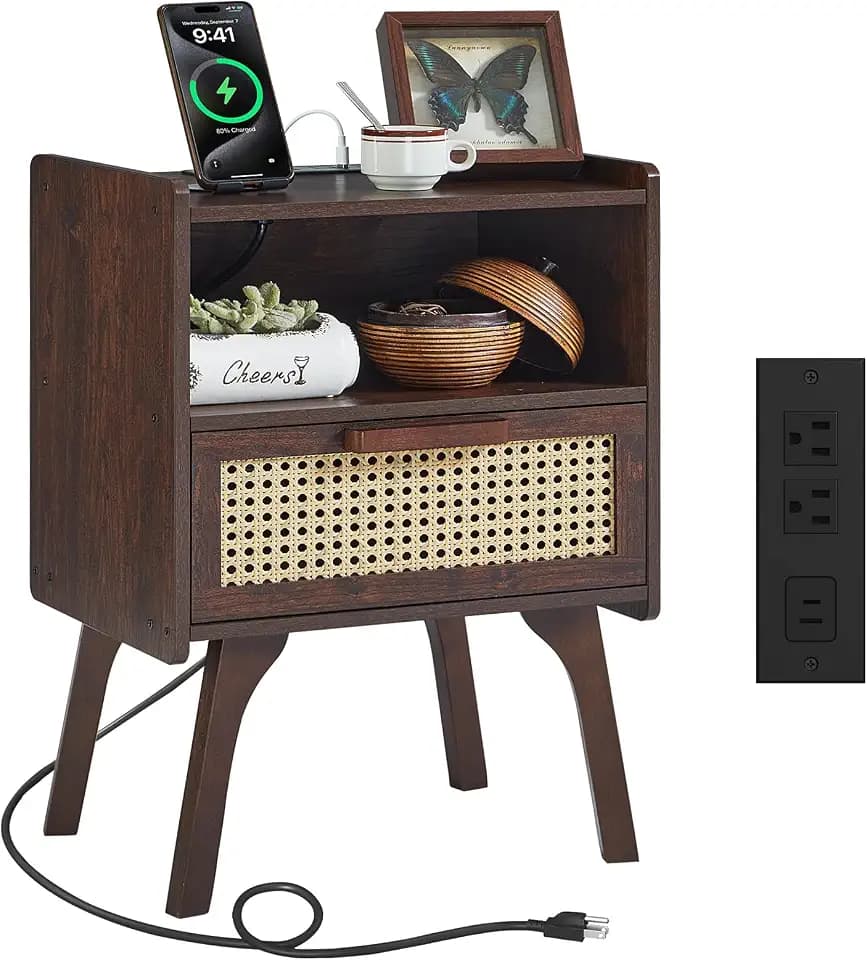 Lerliuo Rattan Nightstand with Charging Station, Side Table with Drawer