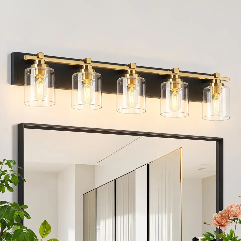 Modern Bathroom Light Fixtures Over Mirror, Vanity Lights for Bathroom Wall Sconces with Clear Glass Shades, E26 Socket (Bulbs Not Included), 5 Light, Black Gold