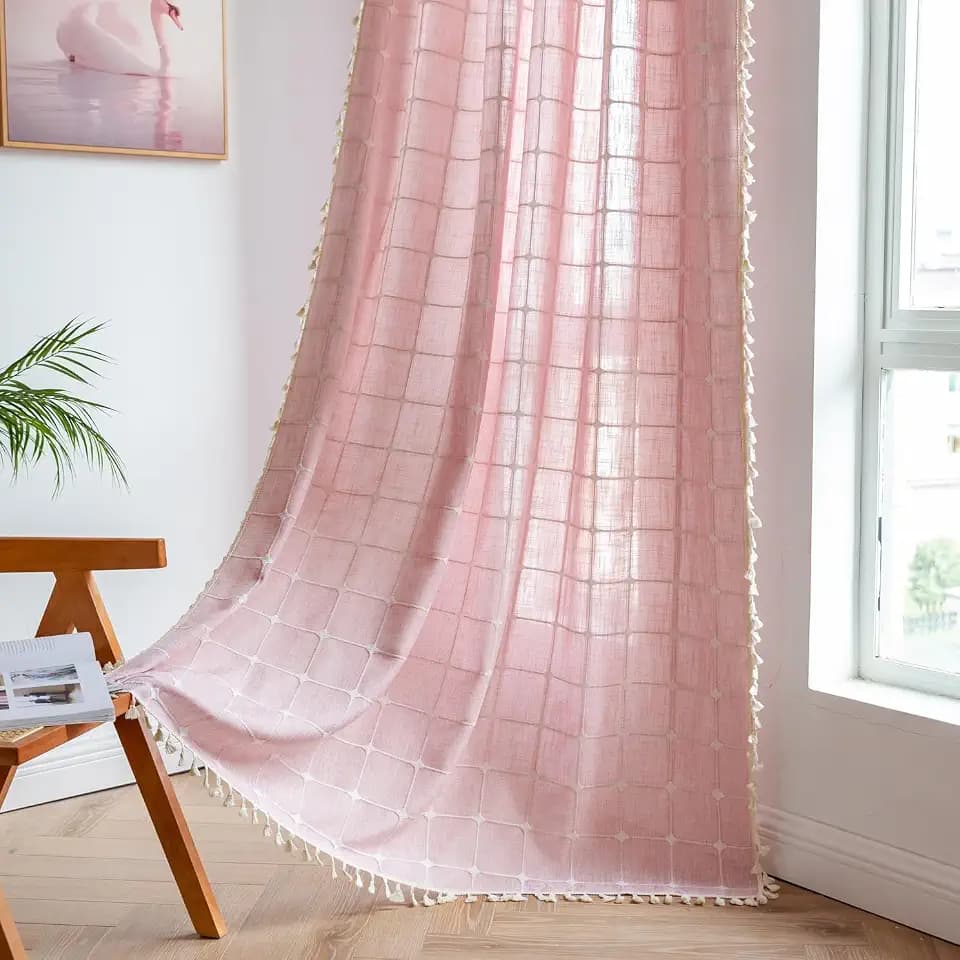 Colorigan 2 Panel Cotton Linen Boho Curtains 63 Inches Long for Living Room Bedroom, Kitchen, Plaids Lattice Embroidered Semi Blackout Bohemian Farmhouse Window Treatment Grids Drape Tassels, Pink