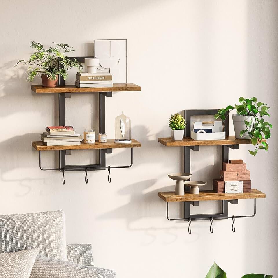 Creso hom Floating Shelves for Wall Set of 2, Wood Wall Shelf with 6 Hooks, 2 Tier Hanging Decorative Storage Shelves for Living Room Bedroom Bathroom Kitchen Office Coffee Bar, Rustic Brown