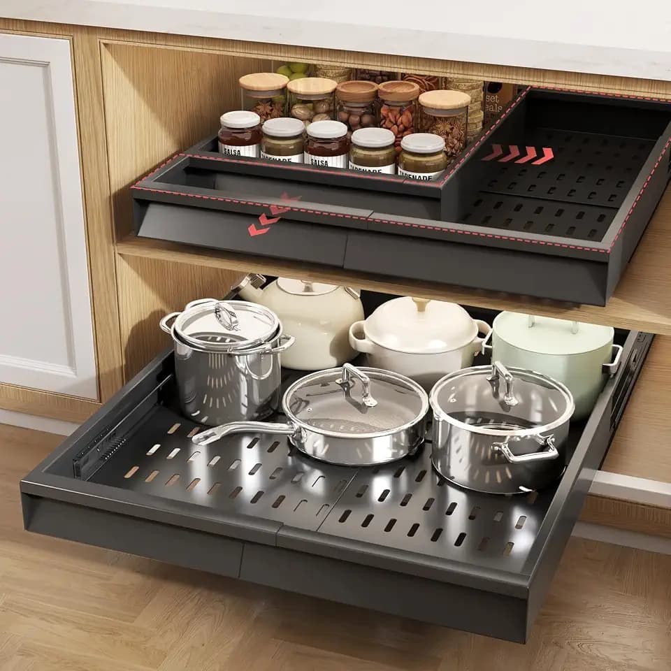 Seinloes Pull Out Cabinet Organizer, 4-Side Expandable to Fit Most Cabinets, 3 Rail Slide Out Drawers with Raising Pad for Framed & Frameless Cabinets, 13"-21" W x 17"-24" D, Black, 2 Pack