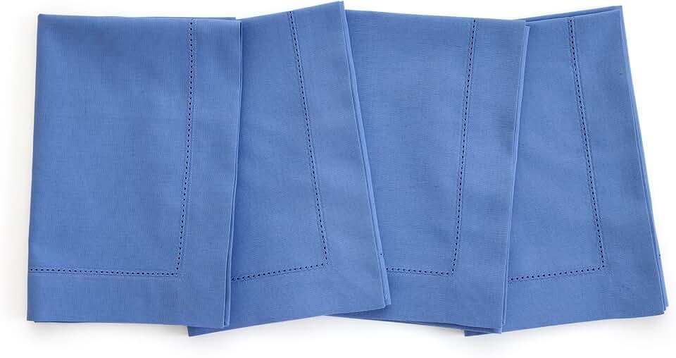 Solino Home Cotton Linen Napkins Dusty Blue Hemstitch, 20 x 20 in, Set of 4