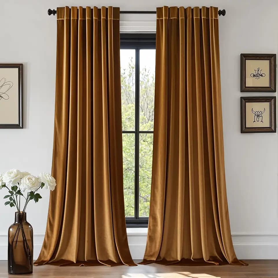EMEMA Golden Brown Velvet Curtains 2 Panels W40xL108 Back Tab Rod Pocket