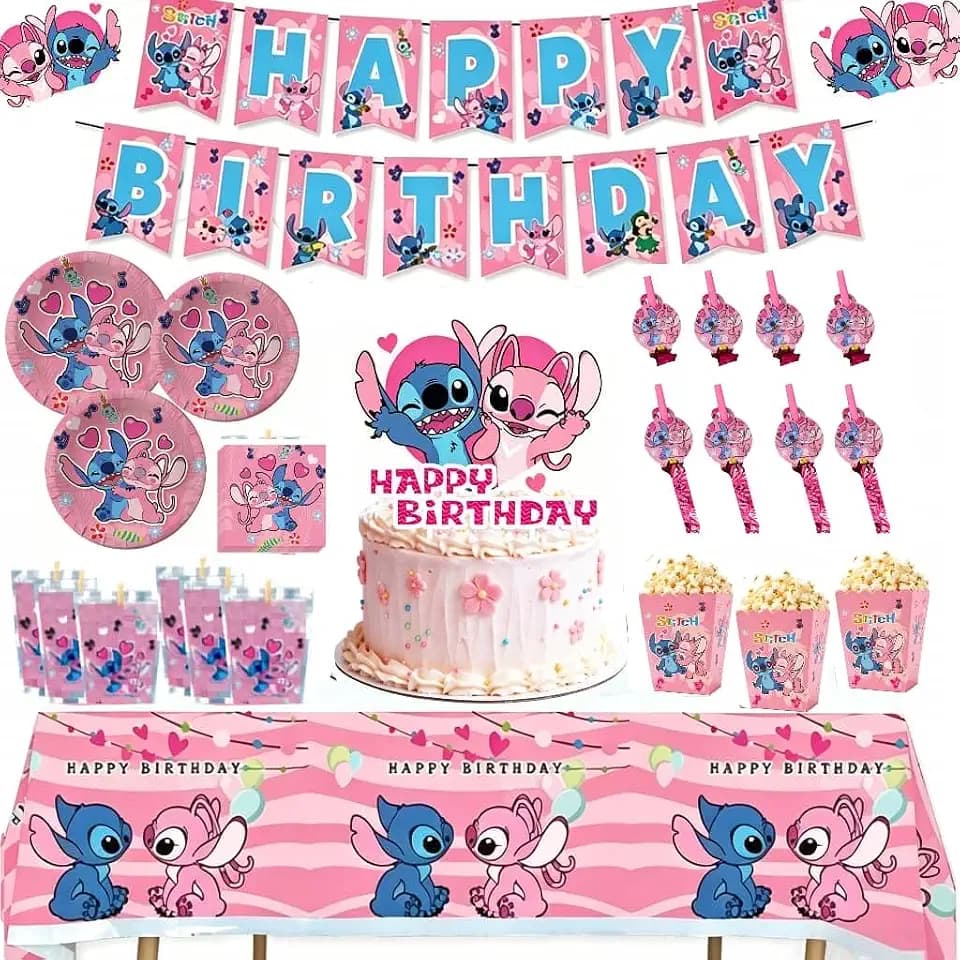 Pink Stitch kids Birthday Party supplies decoration set for 16 Guests–83PCS Set with 16 Plates9'' Napkins popcorn boxes birthday Banner juice labels blowouts Cake Topper & Tableware