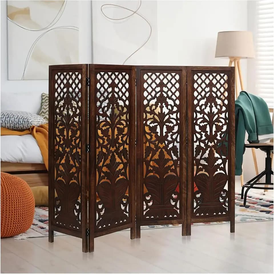 Wood Room Divider 64x54, 4 Panel Folding Screen, Hand Carved Burnt Brown