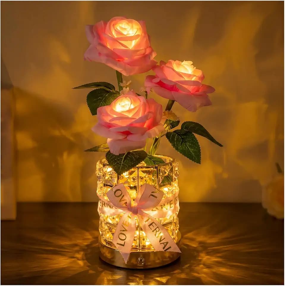 Rose Flower LED Night Light USB Rechargeable Touch 3 Color Dimmable