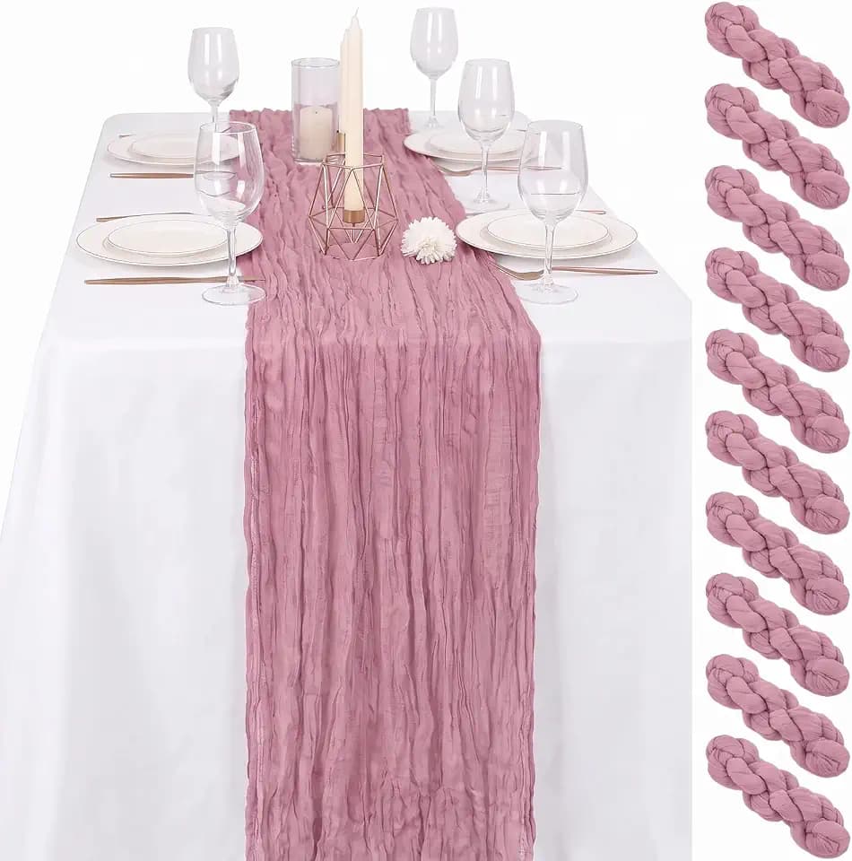 24 Pack Dusty Rose Cheesecloth Table Runner 17"x108" Boho Gauze Fabric Table Runner Vintage Rustic Sheer Runners for Wedding Party Bridal Baby Shower Table Decorations