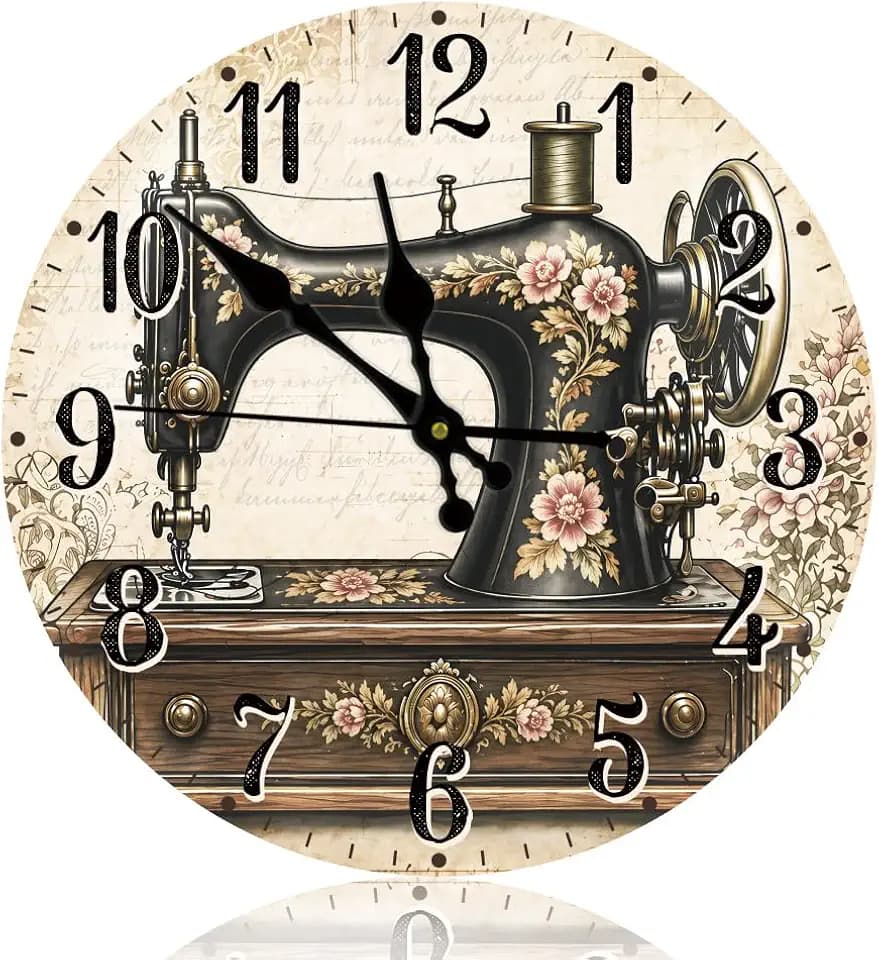 Sewing Machine Wall Clock Battery Operated 11.8 Inch, Silent Non-Ticking Sunburst Design for Sewing Room Decorative Sewing Lovers Gift