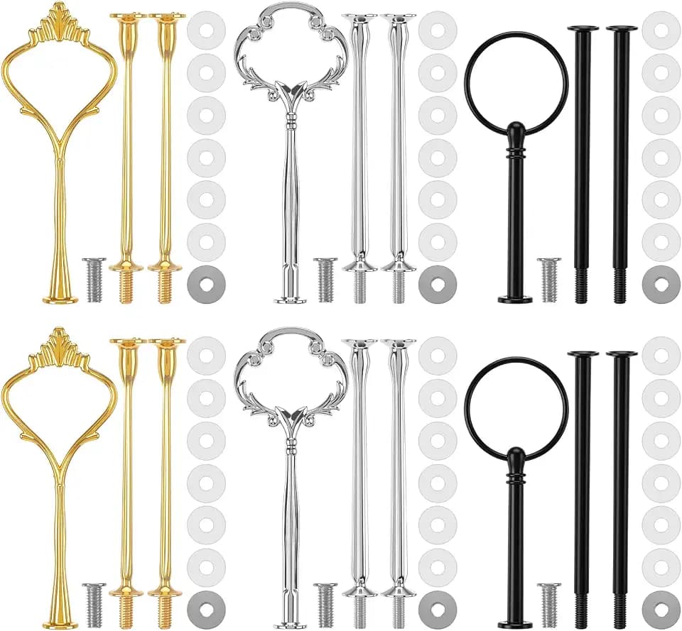 Patelai 6 Sets 3 Tier Cake Stand Hardware Tiered Tray Plate Hardware Kit Heavy Metal Cake Fruit Food Plate Stand Fitting Stacking Kit for Serving Dessert Cupcake Dish Food (Cute,Black,Silver,Gold)