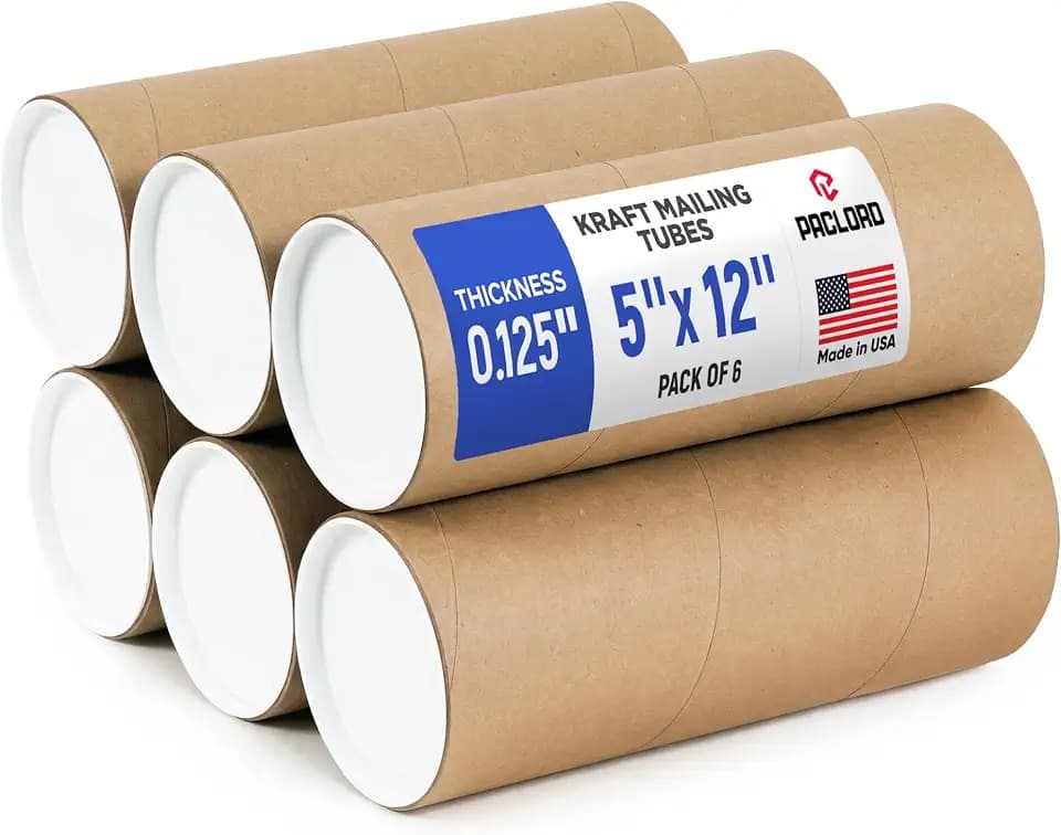 5" x 12" Made in USA Kraft Paper Mailing Tube, 6 Tubes, 12 Caps