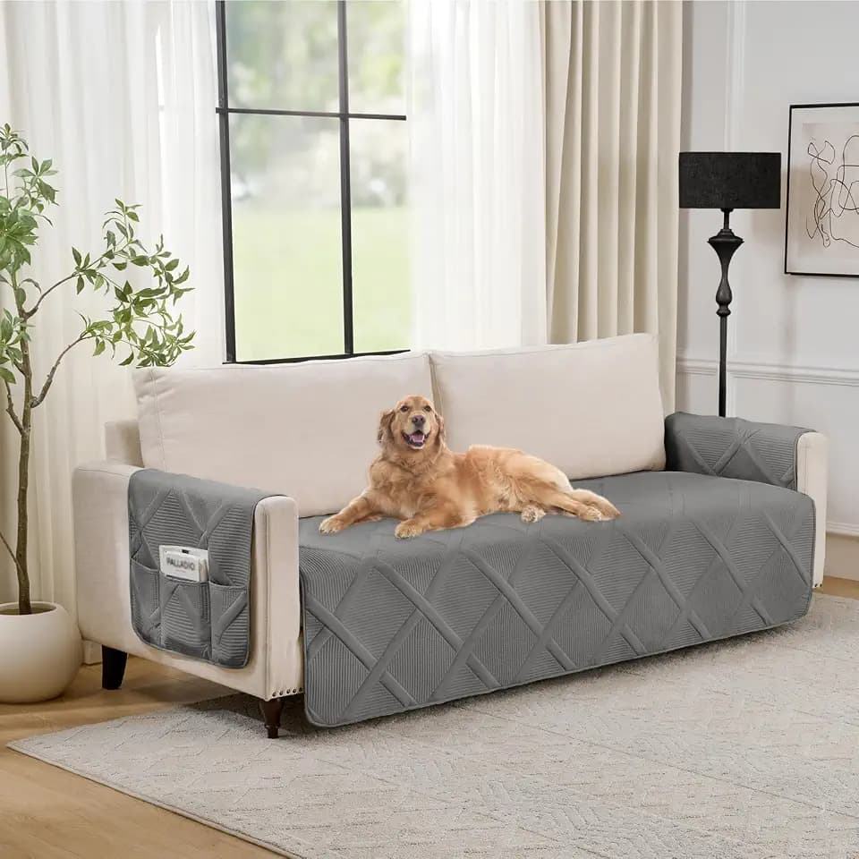 Backless Couch Cover for Dogs with Pockets, Anti-Slip Diamond Quilted Couch Covers for 3 Cushion Sofa, Washable Couch Seat Covers, Water-Repellent SofaCover (Large Sofa 68", Cool Gray)