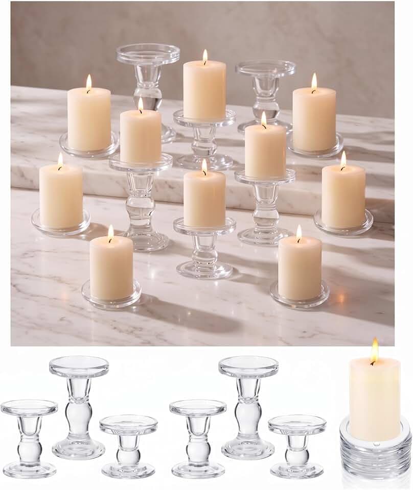 Teenyyou 12 Pcs Clear Glass Pillar Candle Holder and Plates, 3.4 * 3.2 Inch