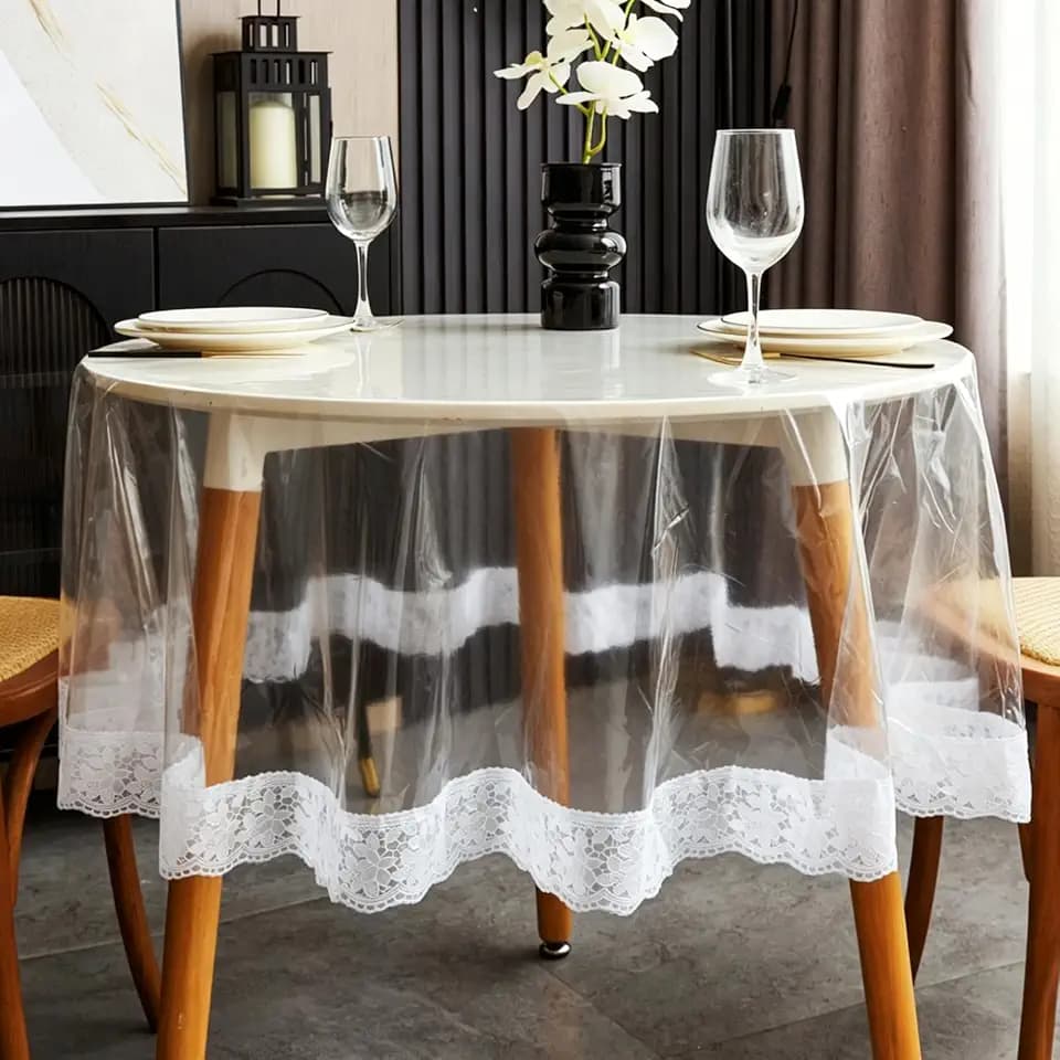 Pioggia Clear Vinyl Tablecloth Protector Transparent Lace Trim Table Cloth – Waterproof, Stain-Resistant,Plastic Cover Decorative – Perfect for Weddings, Parties, and Home Decor (70 Inch Round)