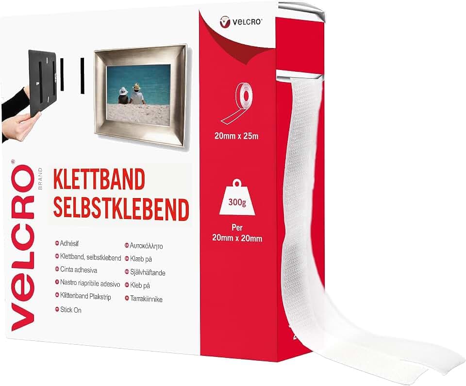 VELCRO Marke | Klettband Selbstklebend | Zuschneidbares, starkes, selbstklebendes Klettband mit Klettverschluss, perfekt für Raumdekoration und Wohnaccessoires, Garage | Weiß | 20 mm x 25 m