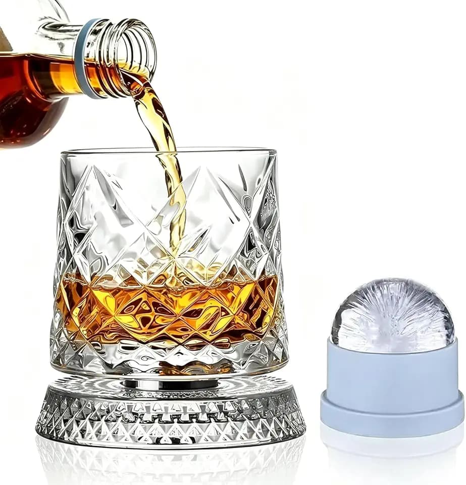 Rotating Whiskey Glass with Large Ice Ball Mold, Single Spinning Crystal Bourbon & Old Fashioned Tumbler, 360° Kinetic Glassware for Home Bar, Unique Gifts for Men, Dad