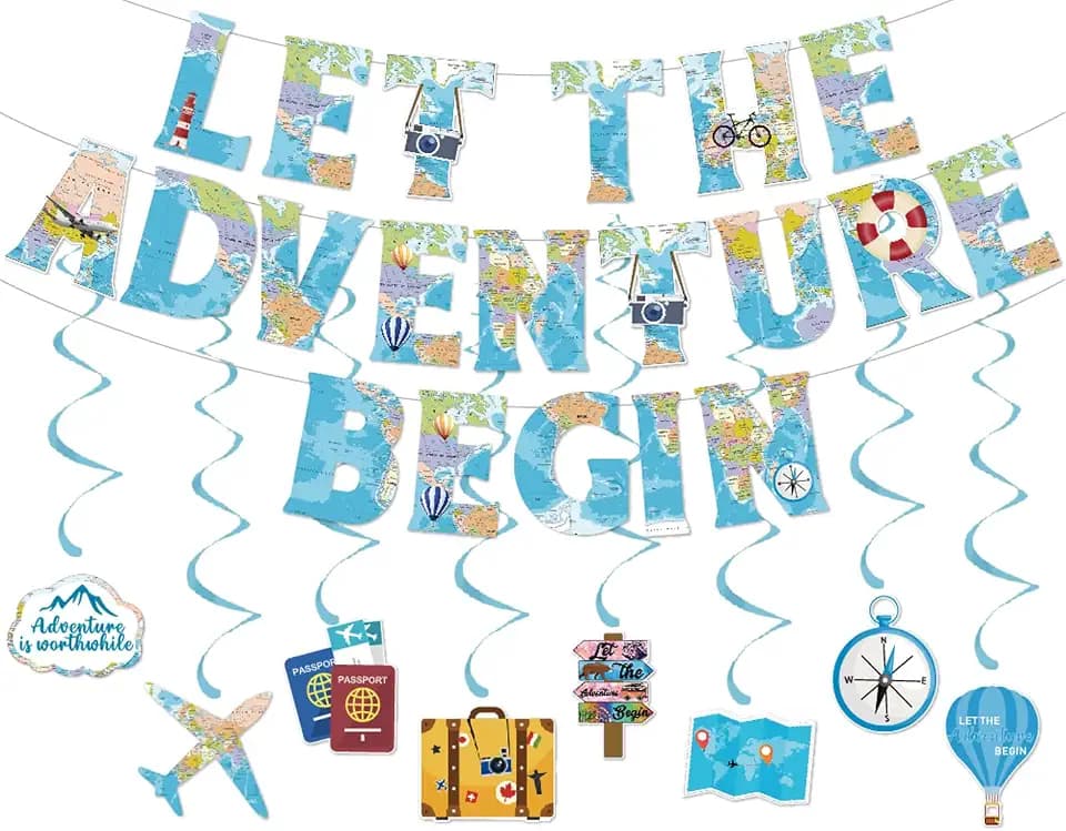 Global Travel Themed Party Decoration Let The Adventure Begin Sign Banner Bunting Hanging Swirls for Retirement Graduation Tour Accessories Supplies