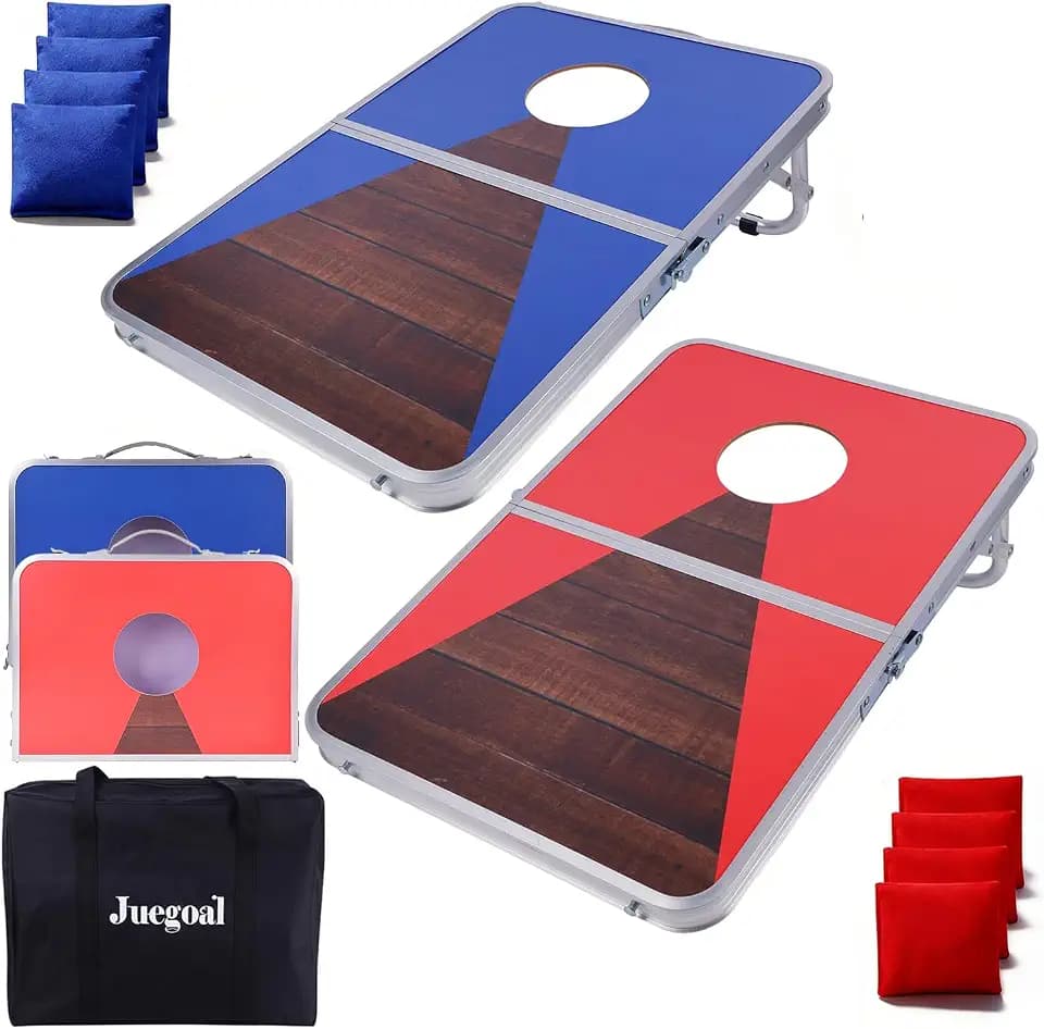 Juegoal Portable Cornhole Board Set for Kids Teens & Adults, 24x16 Inch Foldable Corn Hole Games with Bean Bags & Carry Bag, Lightweight Aluminum Alloy Travel Size Cornhole Set for Outdoor Games Beach