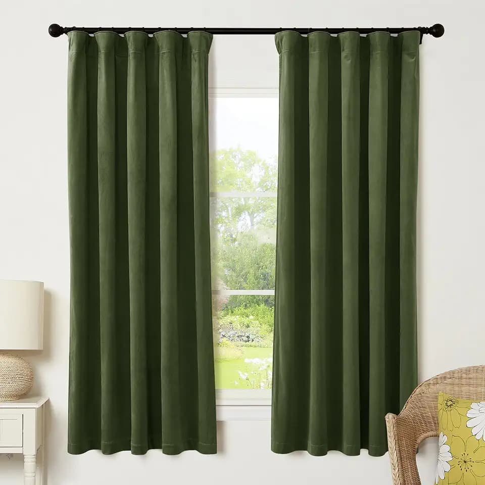 RYB HOME Olive Green Velvet Curtains 63 inches Length with Hook Belt