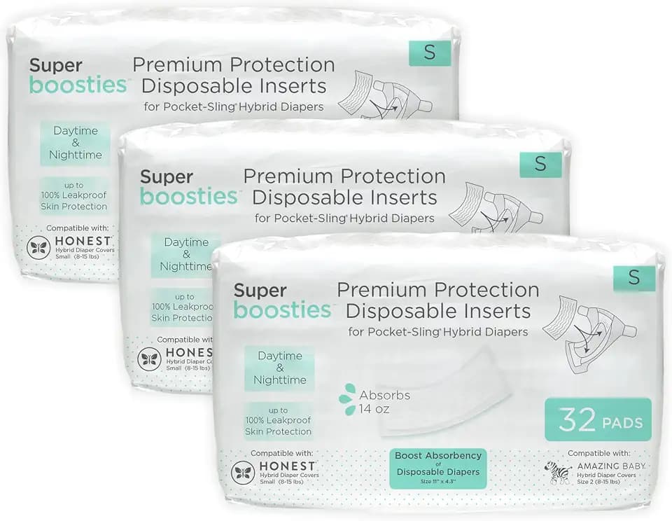 Overnight Diaper Leak Stopper, Super Boosties Disposable Inserts, Use with Pampers Sizes 2-6, Honest Hybrid Diaper Cover Sz Small, Amazing Baby Cover Sz 2, Pocket-Sling Compatible, 4.3x11 in, 96 count