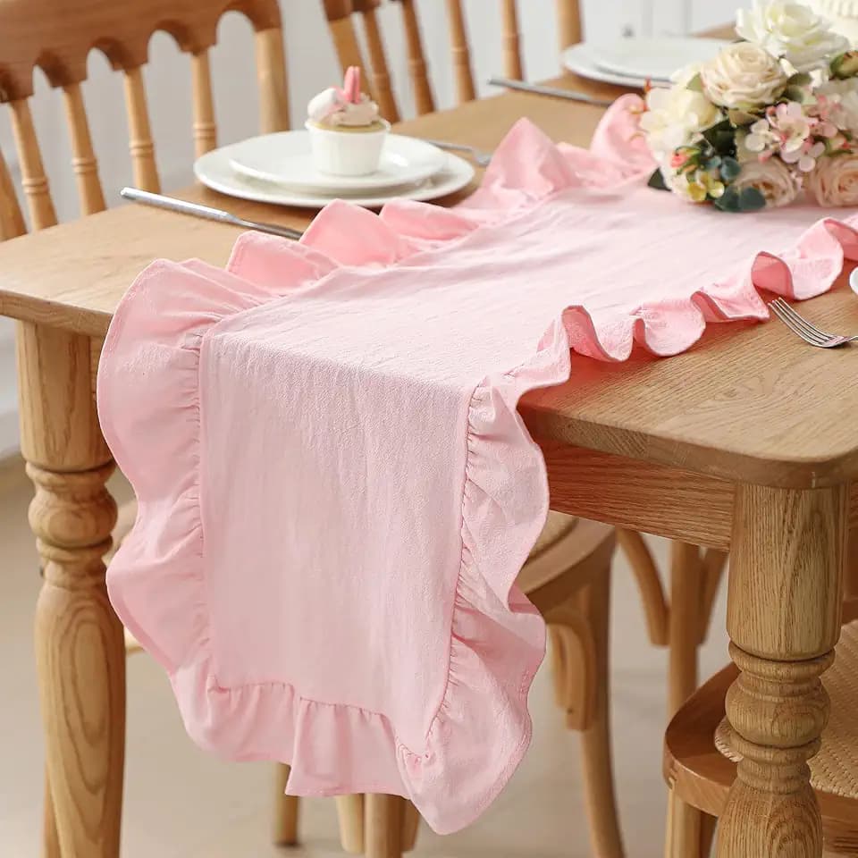 Pink Ruffled Table Runner 72", Solid Color