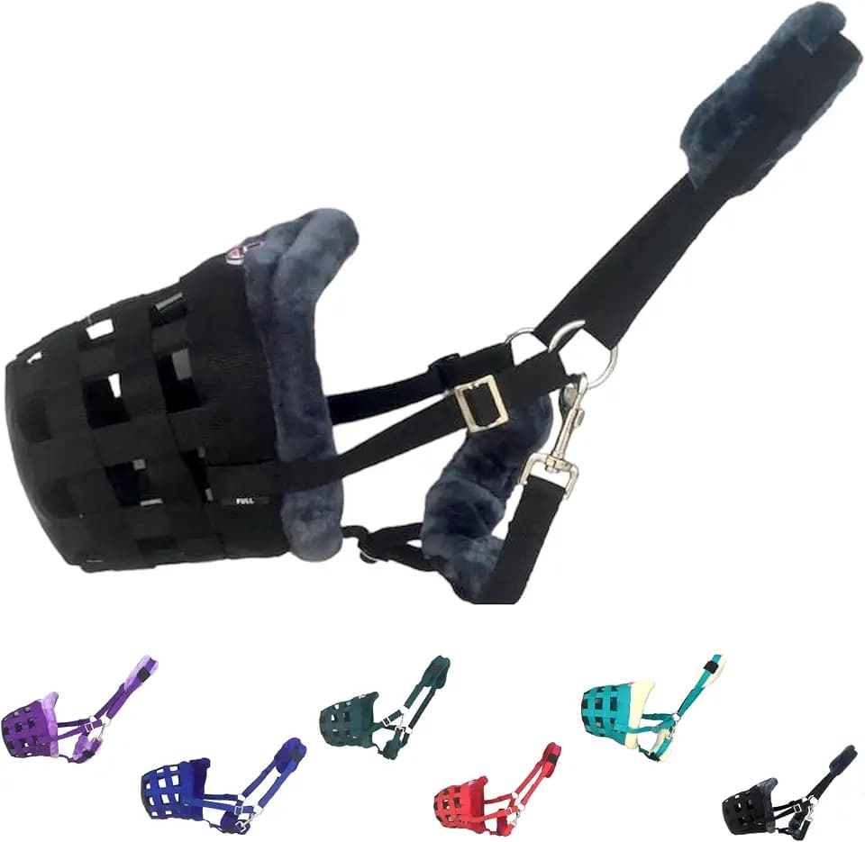 Horse Grazing Muzzle Halter, Mink Fleece Padded, Multiple Sizes, Breathable (Black, Full)