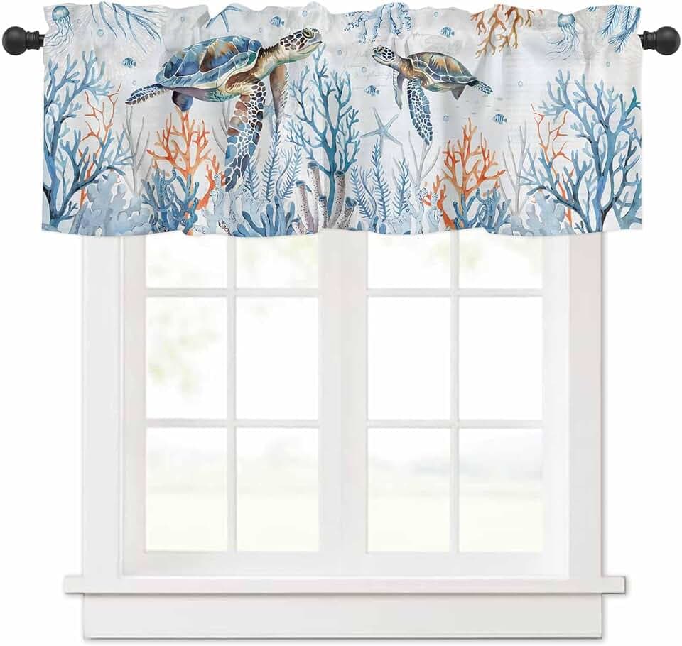Blue Sea Turtle Coastal Valances Window Treatment Farmhouse Decor, Summer Beach Coral Starfish Jellyfish Rod Pocket Valance Curtains for Living Room, Bedroom, Kitchen, 42"W x 12"L - 1 Panel