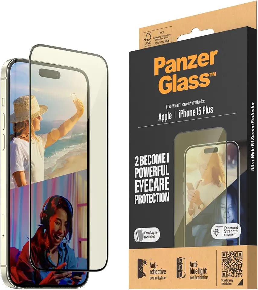 PanzerGlass™ Anti-Reflexions- und Anti-Blaulicht-Schutz für das Apple iPhone 15 Plus, Schützen Sie Ihre Augen, Schützen Sie Ihr Telefon - Hüllenfreundlicher Vollbildschutz mit Montagehilfe