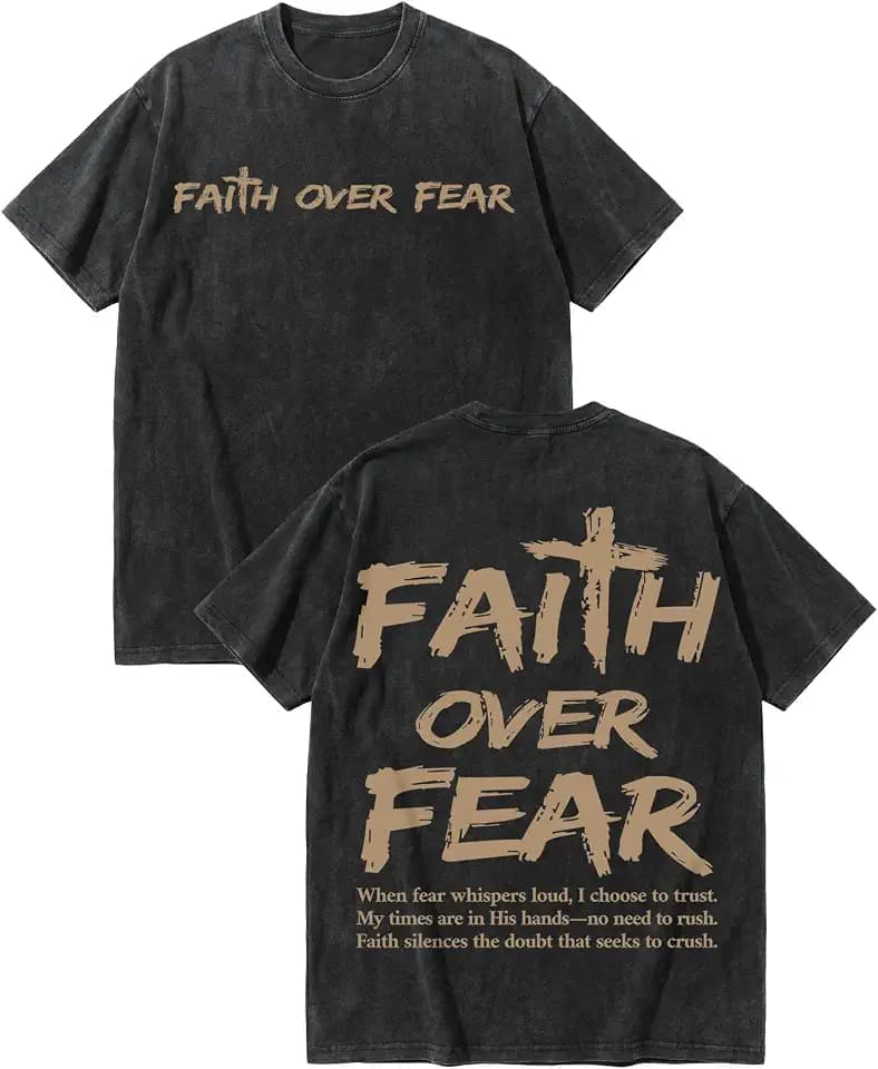 Christian Faith Over Fear Shirt for Men, Jesus Religious Vintage Washed Cotton Graphic Tee with Psalm 118:6 Back Print