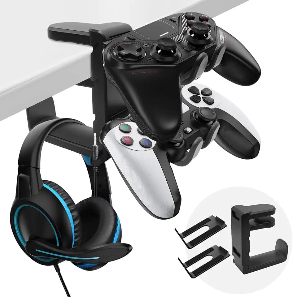 2-in-1 Kopfhörer & Controller Halter – Untertisch Klemmbare Headset Halterung 360° Drehbar mit Kabel-Clip, Doppel Ablage für PS5 / Xbox/Switch/PC Gaming, rutschfest, Schwarz