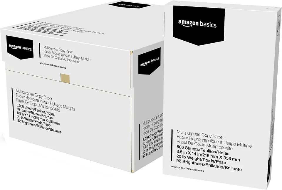 Amazon Basics Multipurpose Copy Printer Paper, 20 lb, 8.5 x 14 Inches, 10 Reams (5,000 Sheets), 92 Bright, White