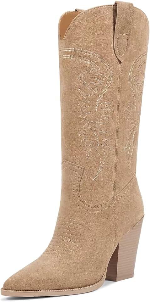 ISNOM Cowboy Boots Cowgir Boots for Women, Pointed Toe Chunky Heel Western Boots