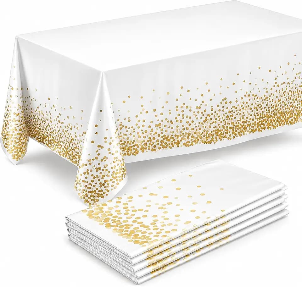 Prestee White and Gold Tablecloths, 4pk, 54x108 Inches - Party Table Cloths Disposable - Gold Dot Disposable Tablecloths - Plastic Table Cloth - Engagement Party Decorations, Baptism Decorations