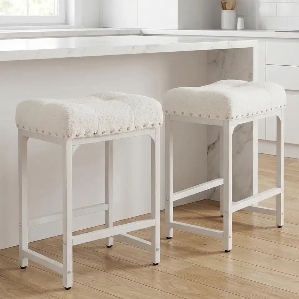 White Boucle Bar Stools, 24 Inch Counter Height Bar Stools Set of 2