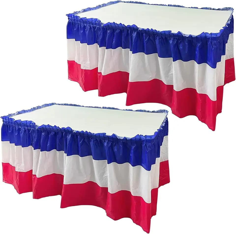 2 Pack Plastic Patriotic Table Skirts - 29in x 14ft 4th of July Self-Adhesive Table Skirt for Easy Setup Veterans Day Memorial Day Independence Day Decoration, Red White Blue (Red)